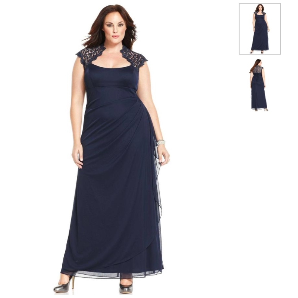 Xscape Cap Sleeve Lace Gown Navy